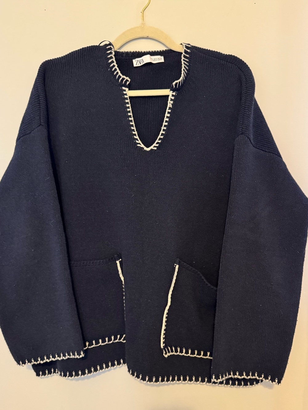 Zara Black Oversized Knit Sweater Contrast Stitch Pockets Size S